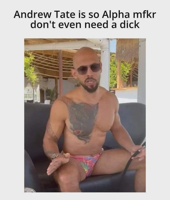 Seemingly dickless Andrew Tate in swimware with the text "Adnrew Tateis so Alpha mfkr don't even need a dick"