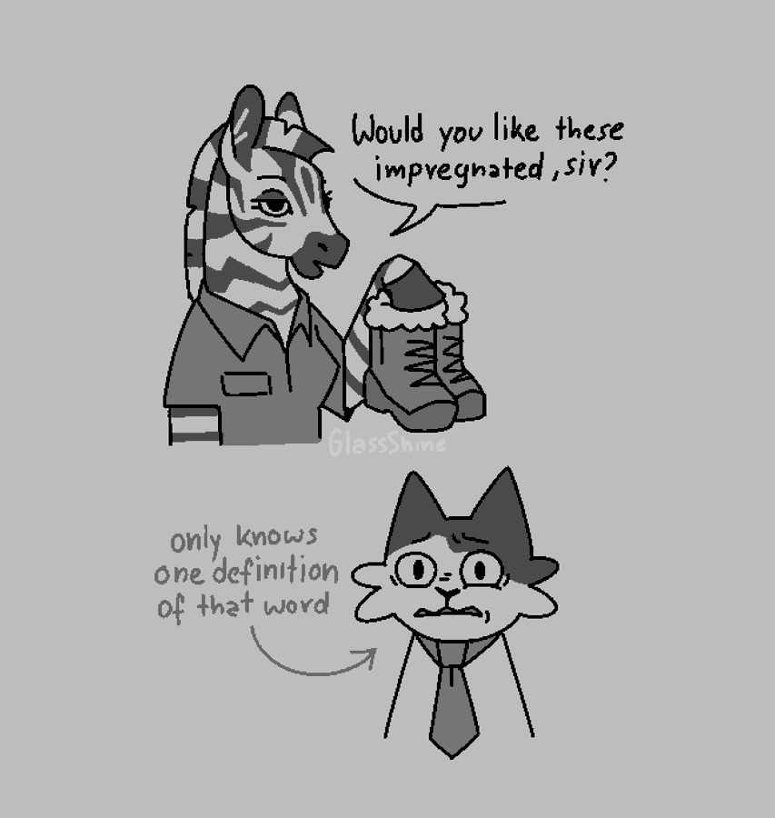 Zebra holding boots: "would you like this impregnated, sir?" cat very nervious(only knows one definition of that word) 