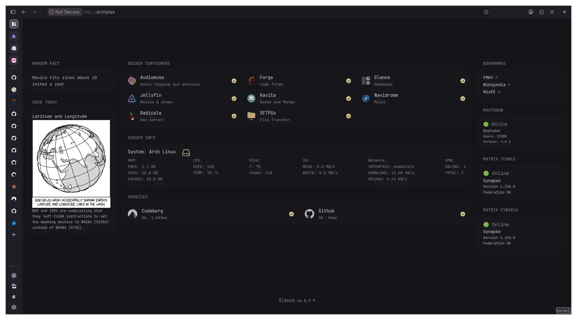 A firefox browser showing the home page setup for my server. The page is a glance homepage