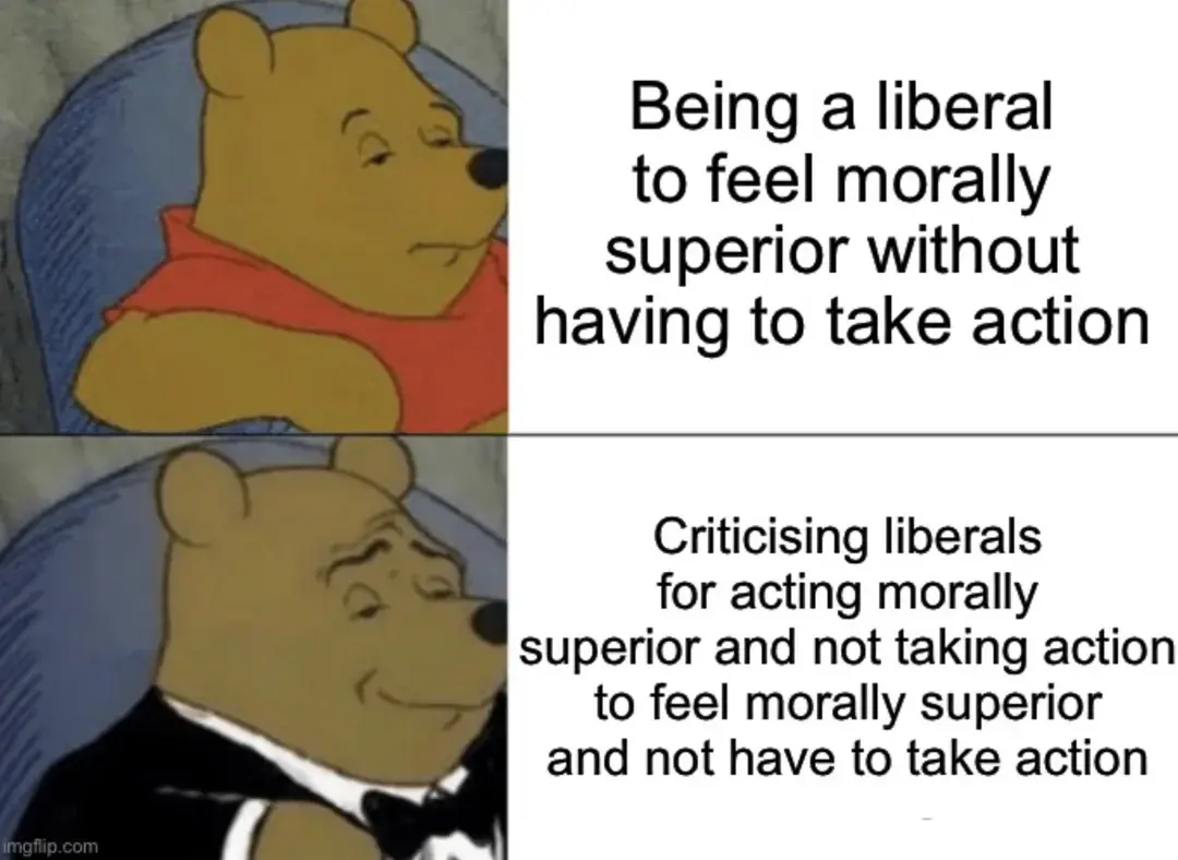 The top picture is regular Winnie the Pooh, with text next to it saying, "Being a liberal to feel morally superior without having to take action". Below it is Winnie in a tuxedo looking smug next to the text, "Criticising liberals for acting morally superior and not taking action to feel morally superior and not have to take action."