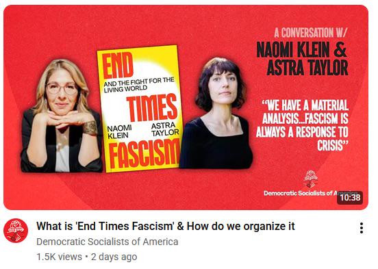 YouTube video titled "What is end times fascism and how do we organize it" by Democratic Socialists of America