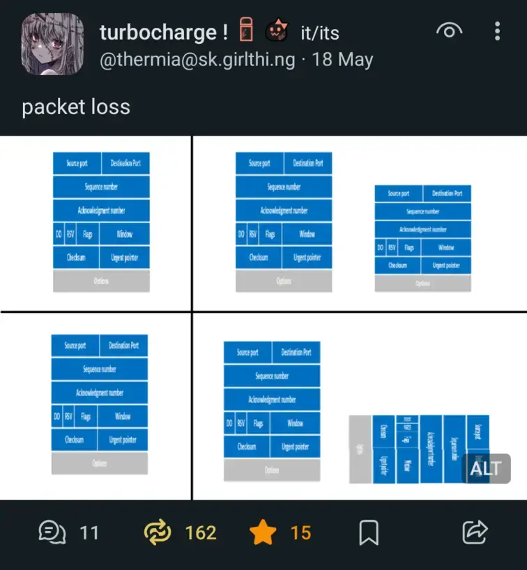 A Mastodon post by @thermia@sk.girlthi.ng that just says "packet loss" with an image showing a diagram of a networking packet edited to the format of the loss meme.